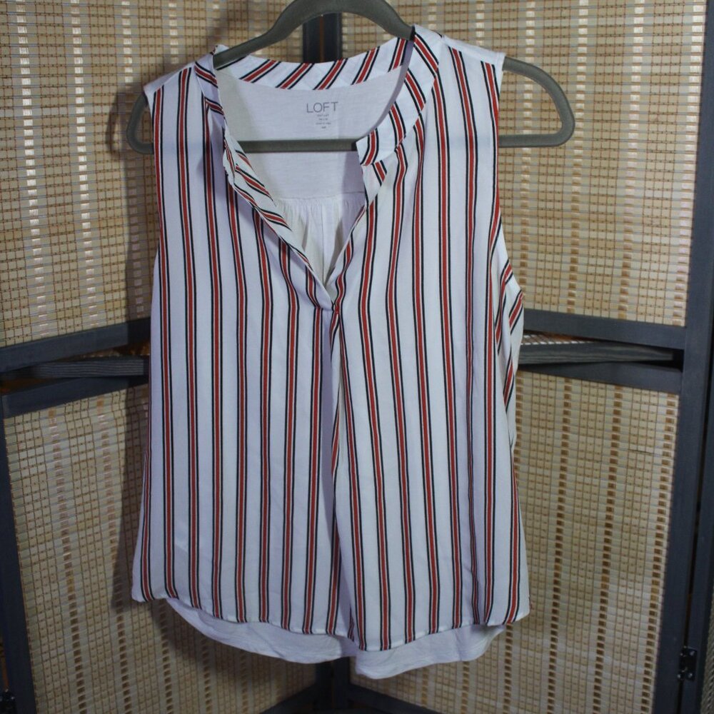 LOFT Outlet White Sleeves Top with Red and Navy Stripes